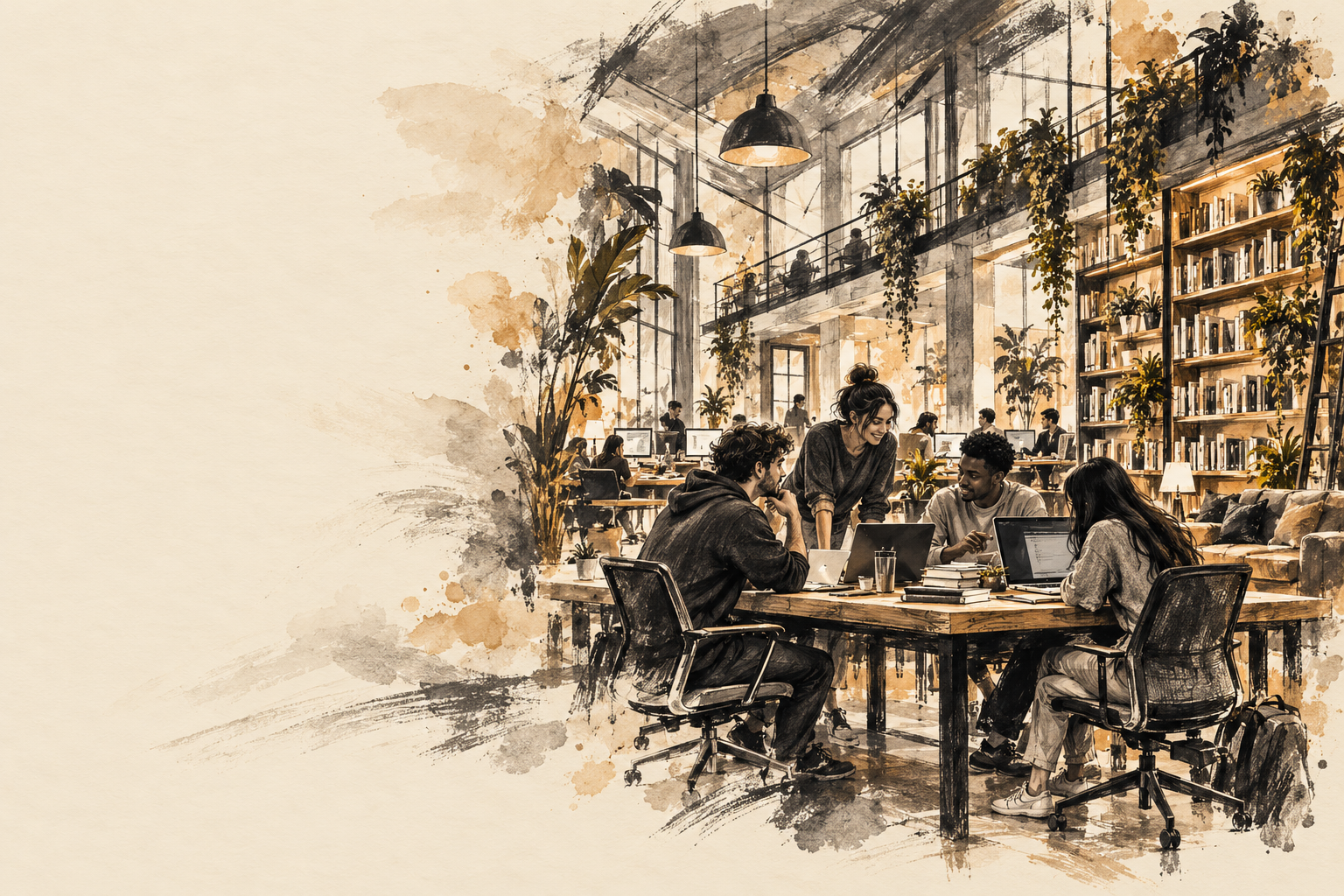 Original ink-and-watercolour illustration of young adults collaborating at computers in a welcoming learning hub.
